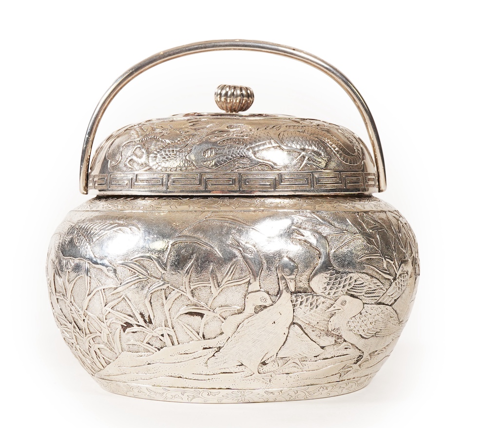 A Japanese Meiji period white metal tea caddy and cover with fluted knop, signed